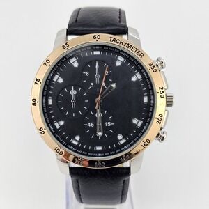 48MM Men's Analog Watch Black Dial Black Faux Leather Bands New Battery